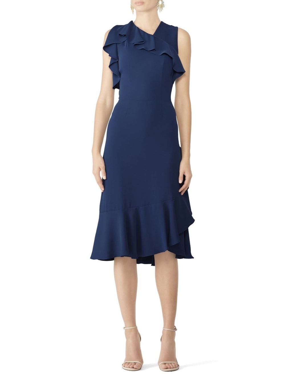 Amanda Uprichard Navy Beverly Ruffle-Trim Midi Dress Small